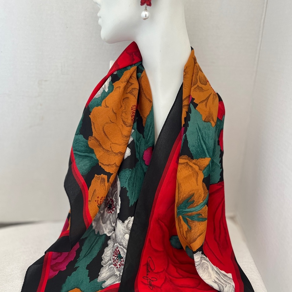 Vintage CORNELIA JAMES SILK Scarf Print Floral Black Red Gold White 30" x 30"